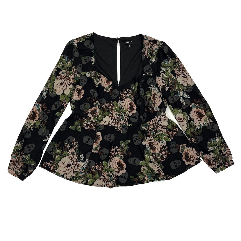 Torrid Peplum Crepe Sweetheart Neck Top Skeleton Rose Floral Womens 00 10/L